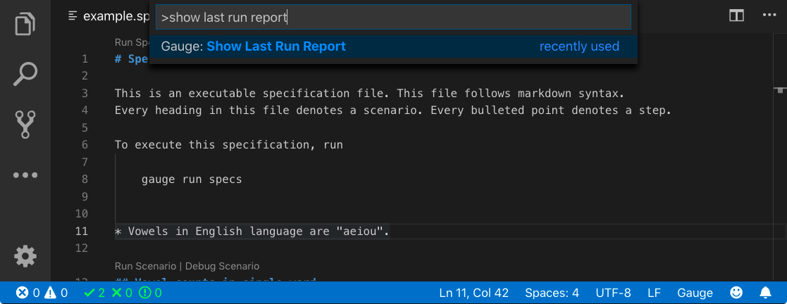 VS Code show last run report command